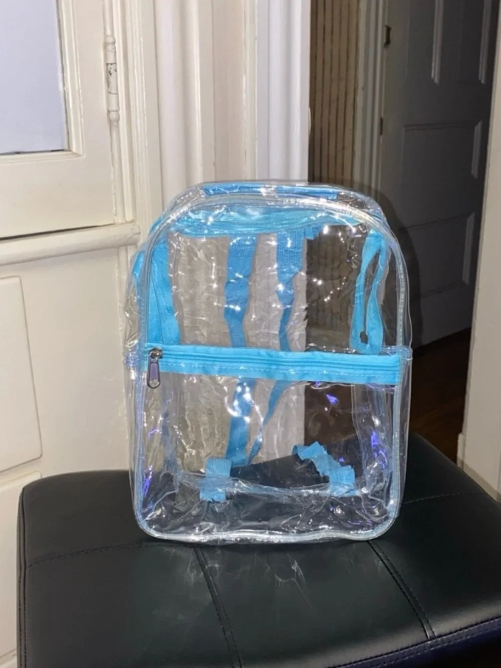 Clear PVC Backpack with Light Blue Trim,women's adjustable bag